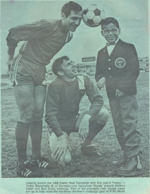 A vintage photo of three men at a soccer field.